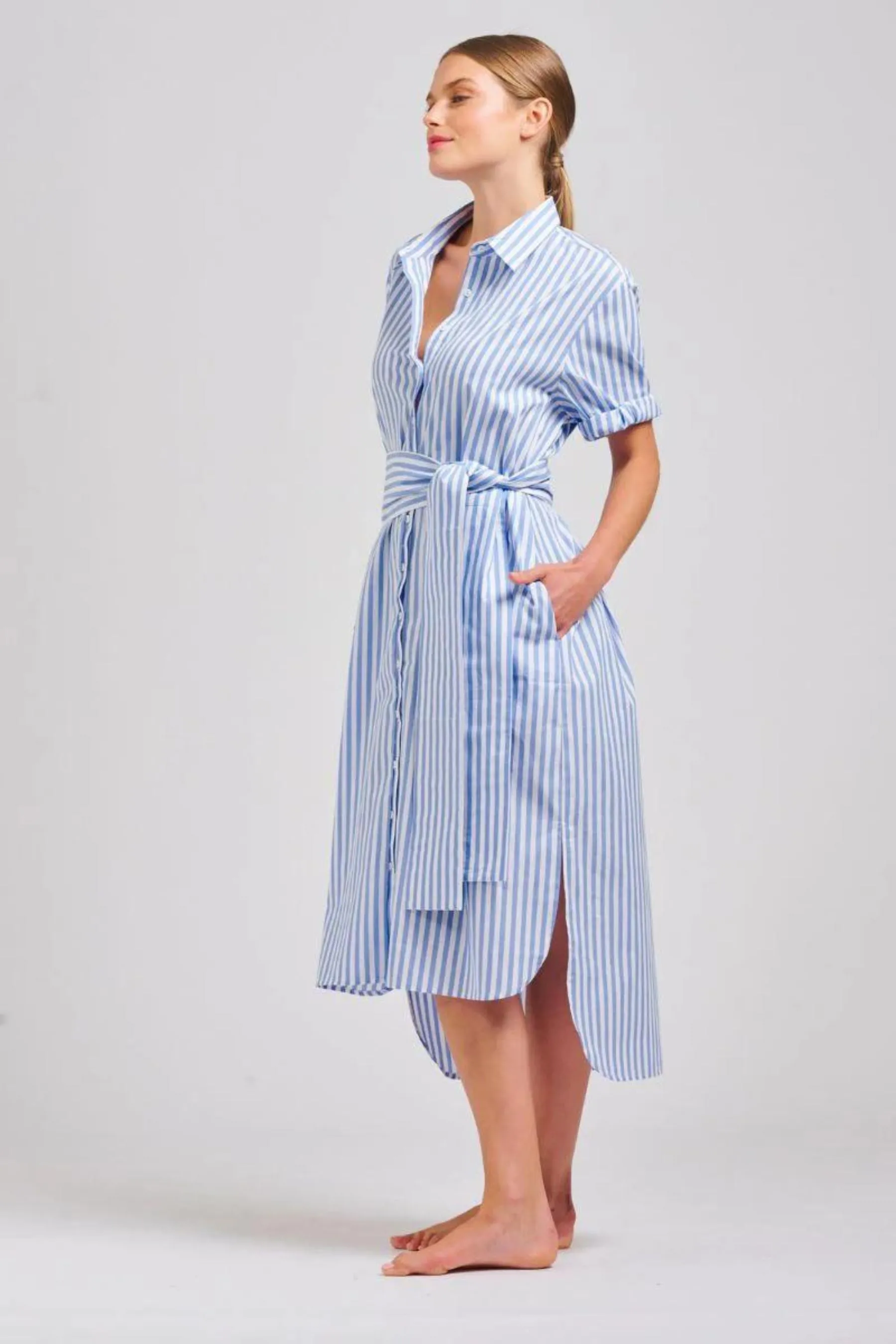 The Annie Longline Shirt Dress | Mid Blue Stripe