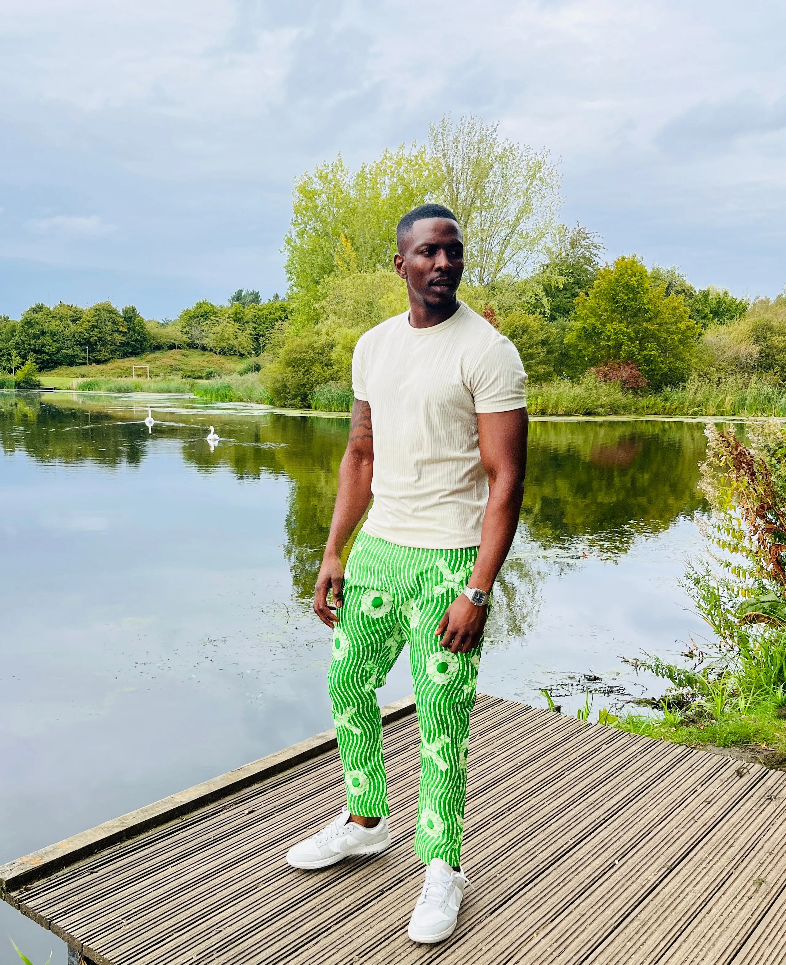 The Zembe Men Ankara African Print Slim Fit Trousers Panhs in Green by Eldimaa Fashion