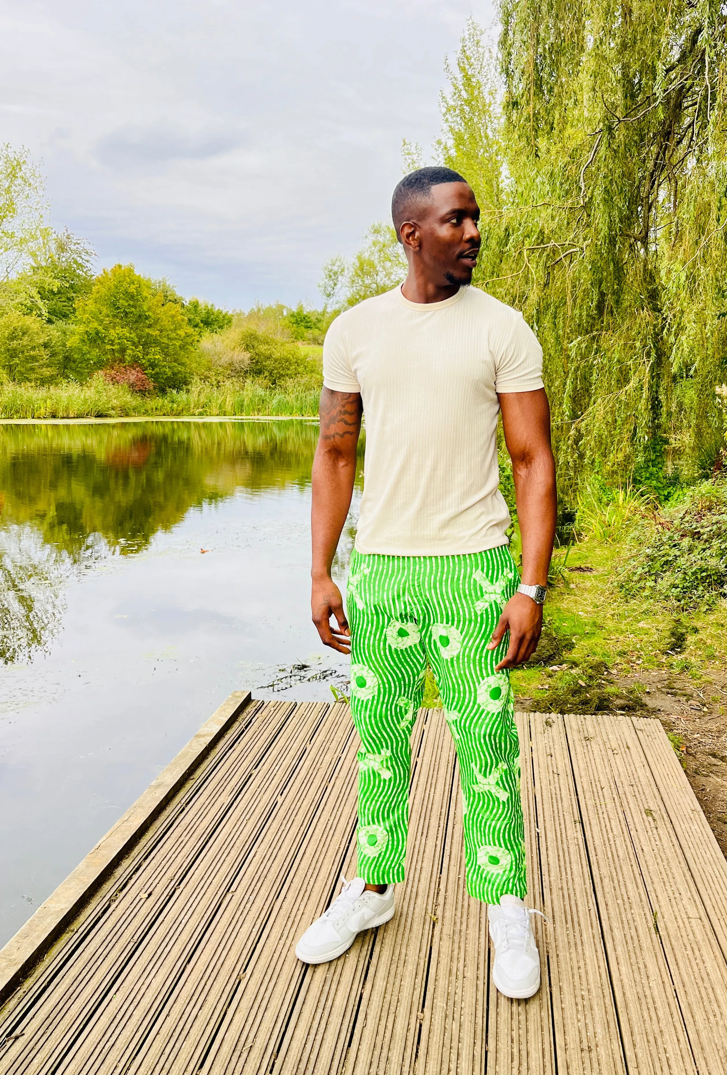 The Zembe Men Ankara African Print Slim Fit Trousers Panhs in Green by Eldimaa Fashion