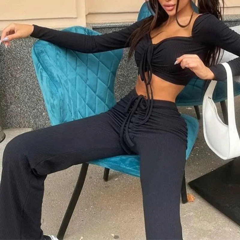 Toleet Ruched Womens Set Skinny Crop Top Straight Pant Solid 2023 Autumn Long Sleeve Square Collar Tee Wide Leg Trousers Lady Sexy Suit