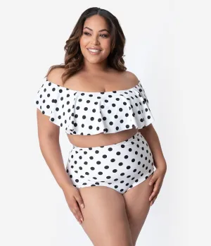 Unique Vintage Plus Size White & Black Polka Dot Ruffled Off Shoulder Ramona Swim Top