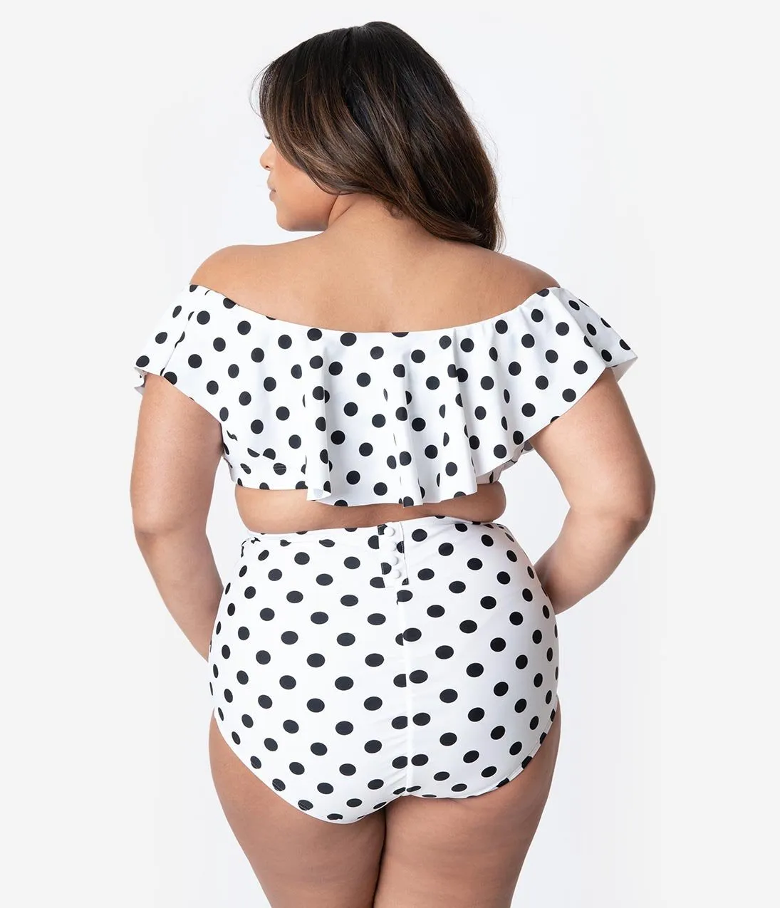 Unique Vintage Plus Size White & Black Polka Dot Ruffled Off Shoulder Ramona Swim Top