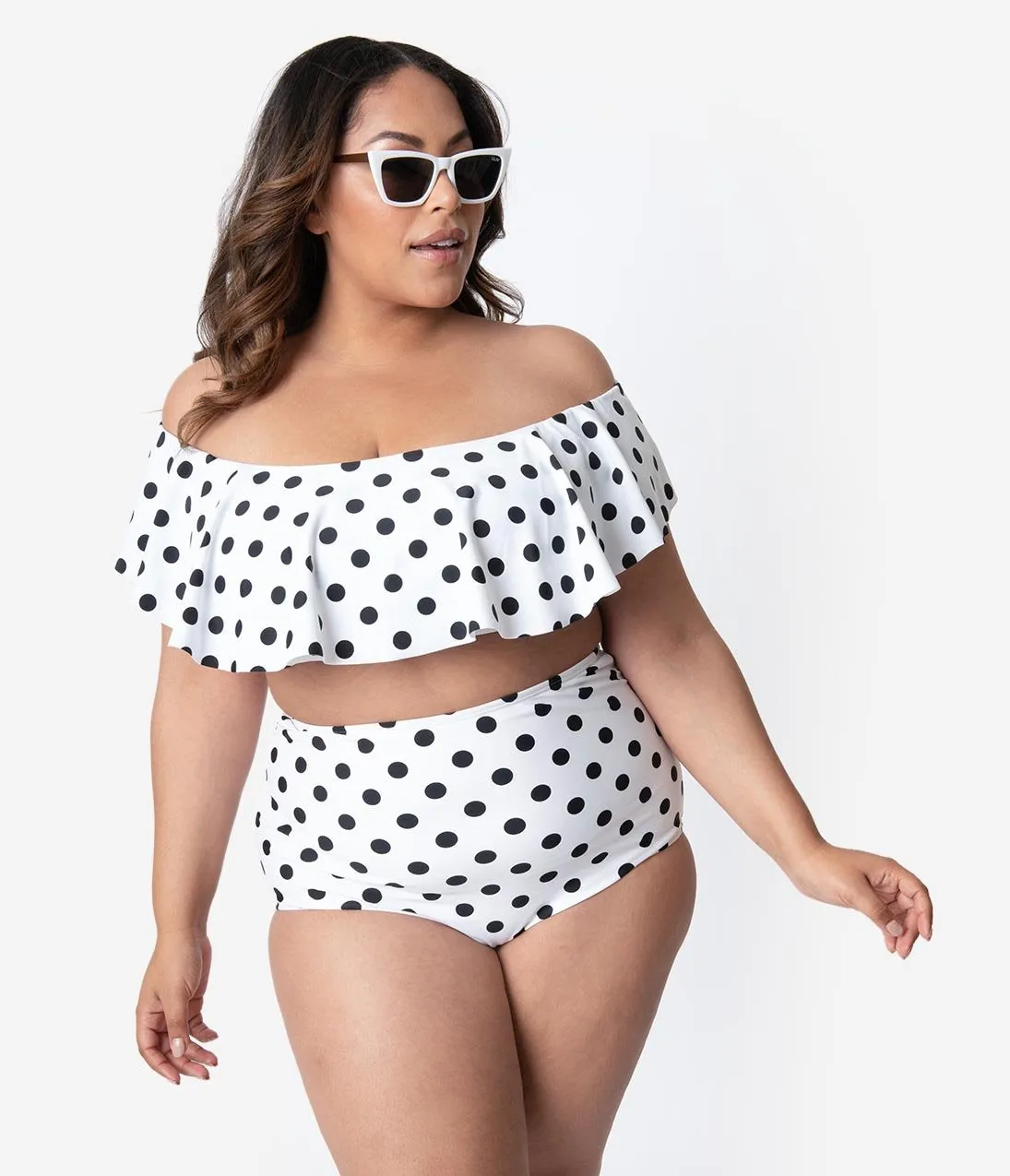 Unique Vintage Plus Size White & Black Polka Dot Ruffled Off Shoulder Ramona Swim Top