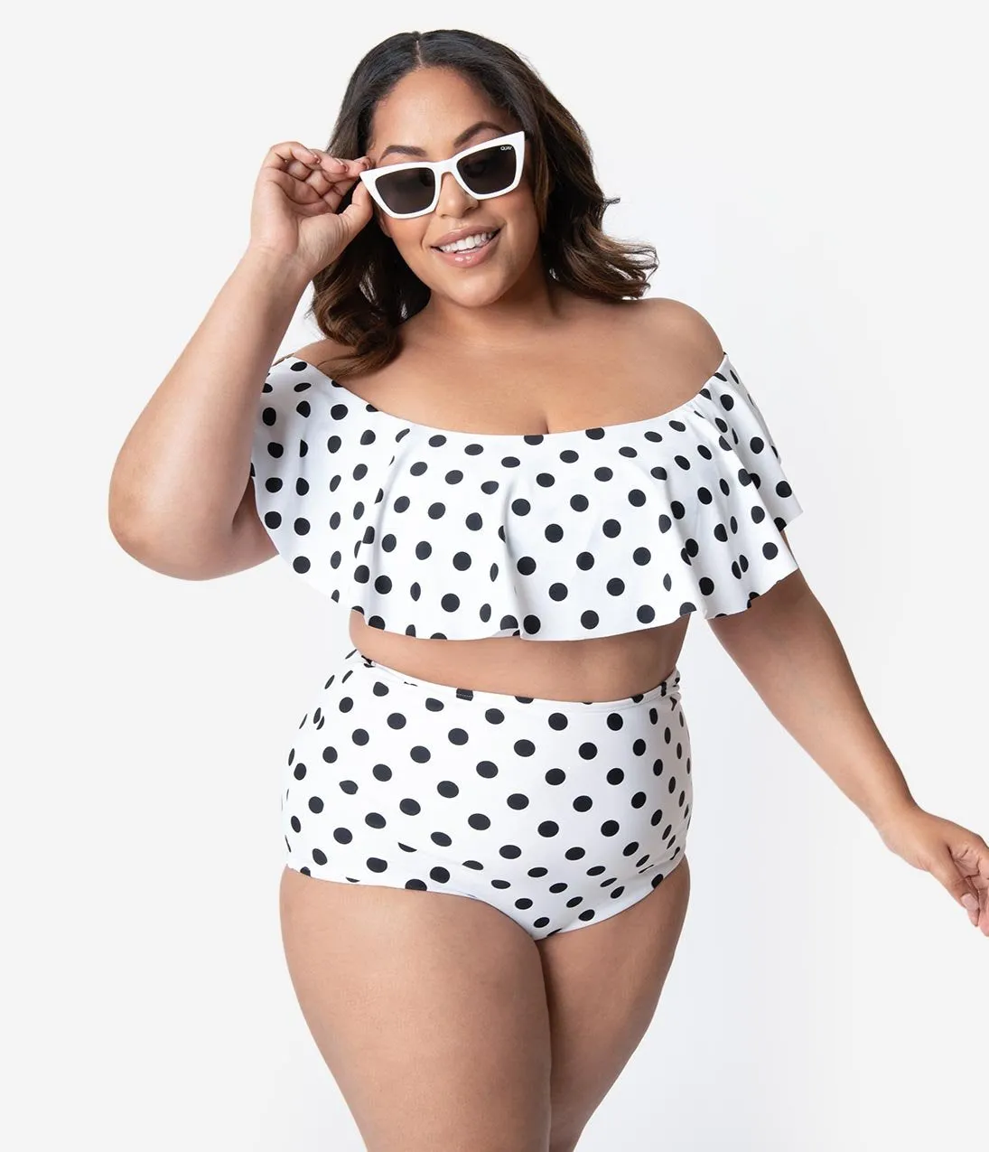 Unique Vintage Plus Size White & Black Polka Dot Ruffled Off Shoulder Ramona Swim Top