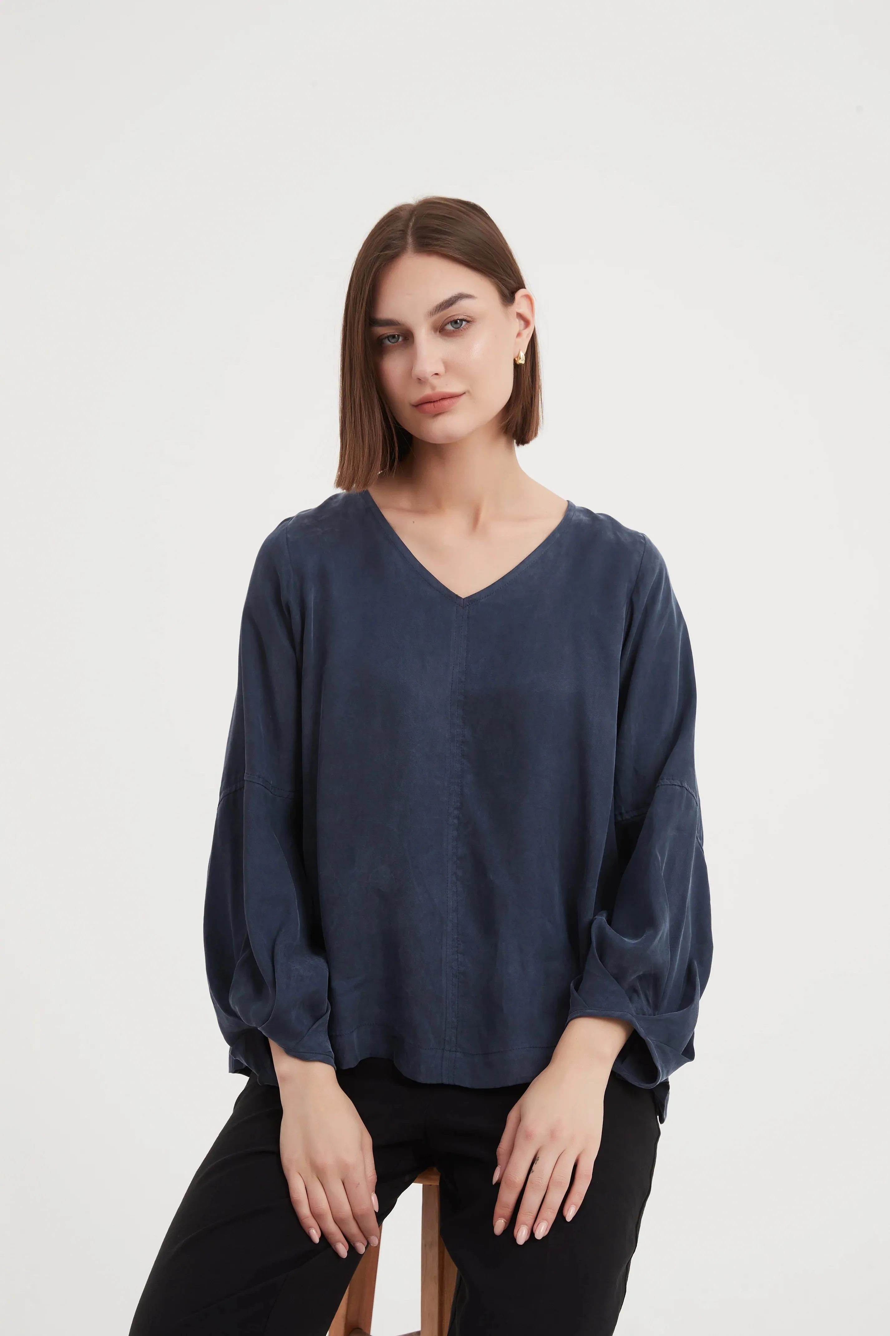 V Neck Bishop Long Sleeve Top | Deep Ocean