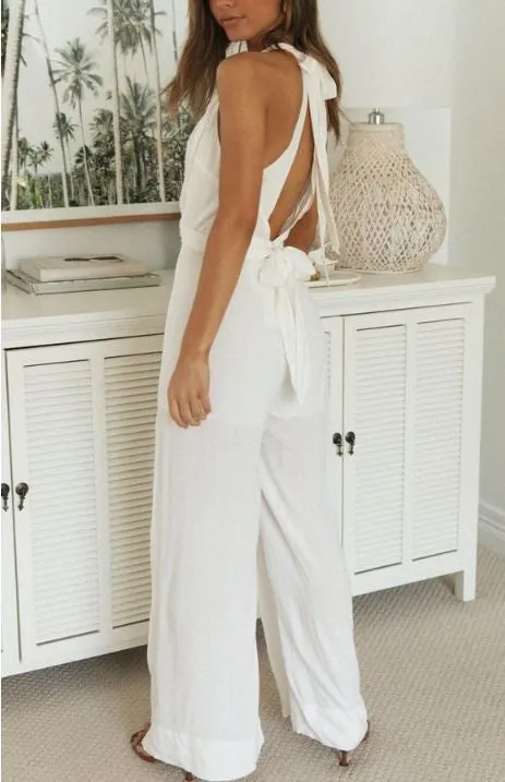 White Deep V-Neck Wide Leg Wooden Ring Open Back Jumpsuit