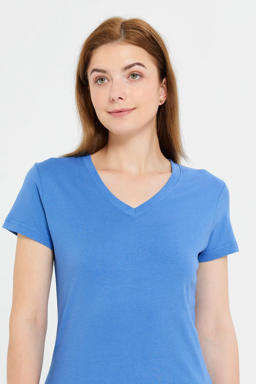 Women Blue Short Sleeve V-Neck T-Shirt