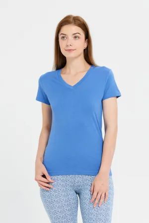 Women Blue Short Sleeve V-Neck T-Shirt