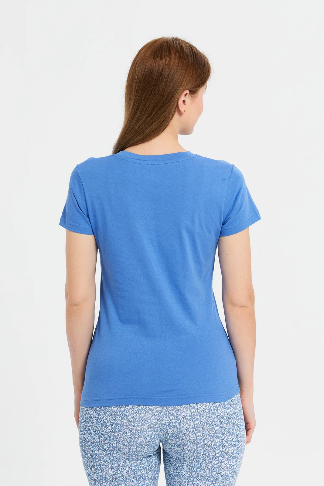 Women Blue Short Sleeve V-Neck T-Shirt