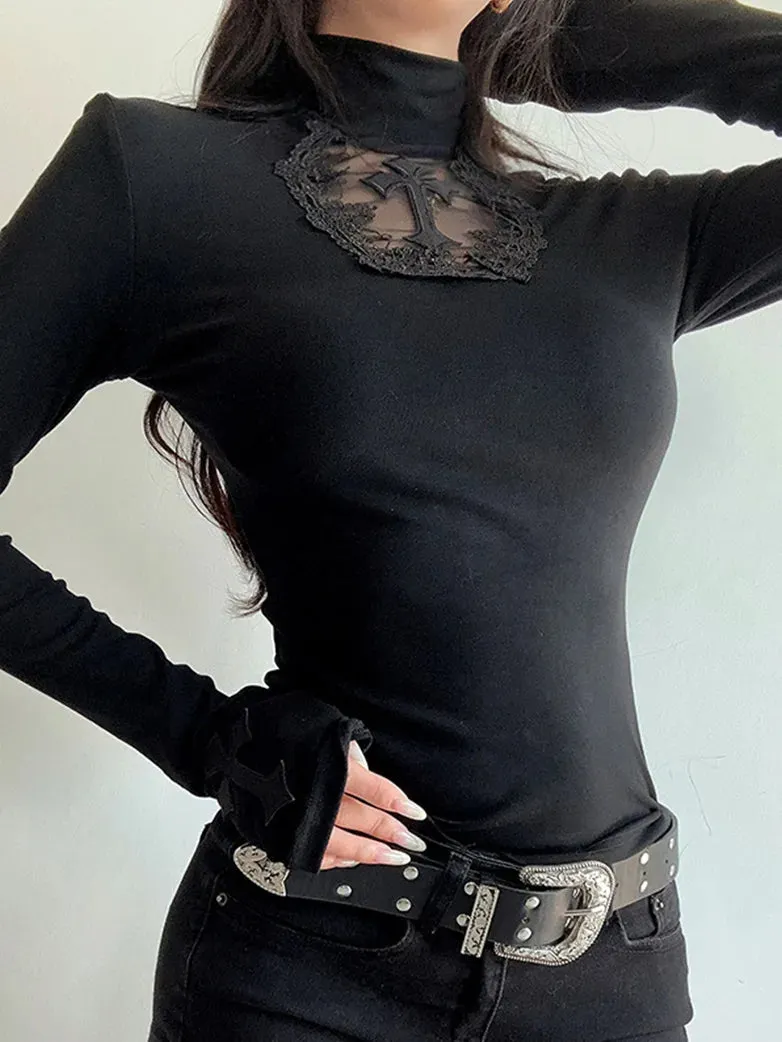 Women Dark Sexy Slim Fit Hollow Cross Long-sleeved Top