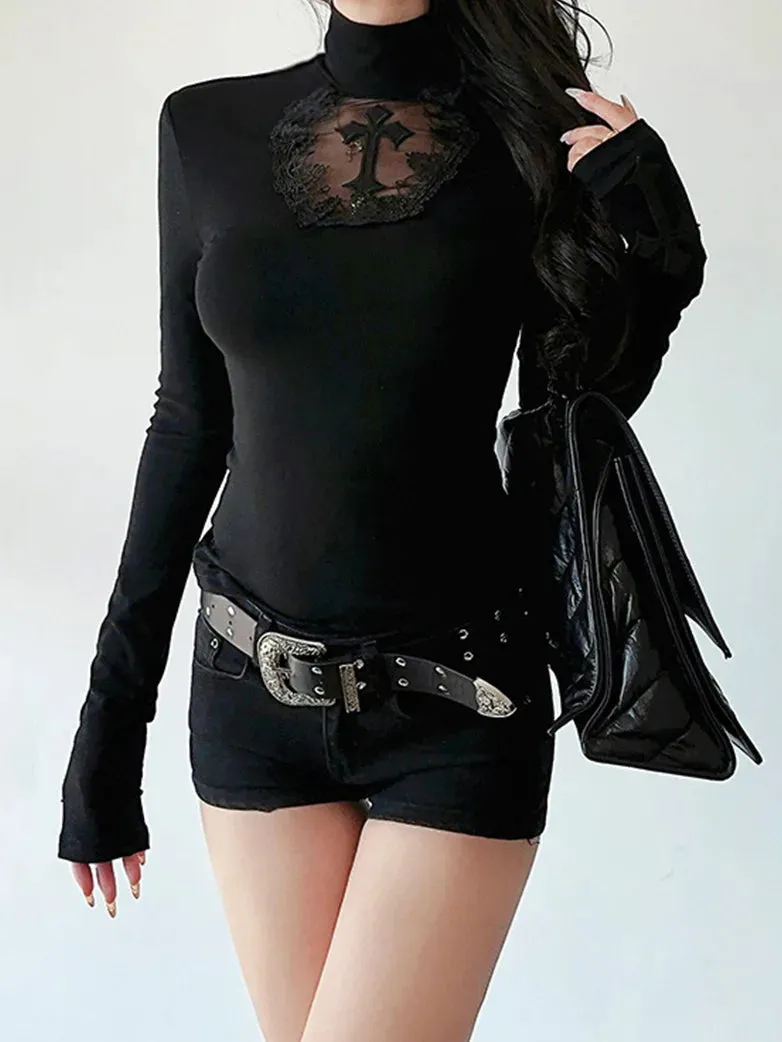 Women Dark Sexy Slim Fit Hollow Cross Long-sleeved Top