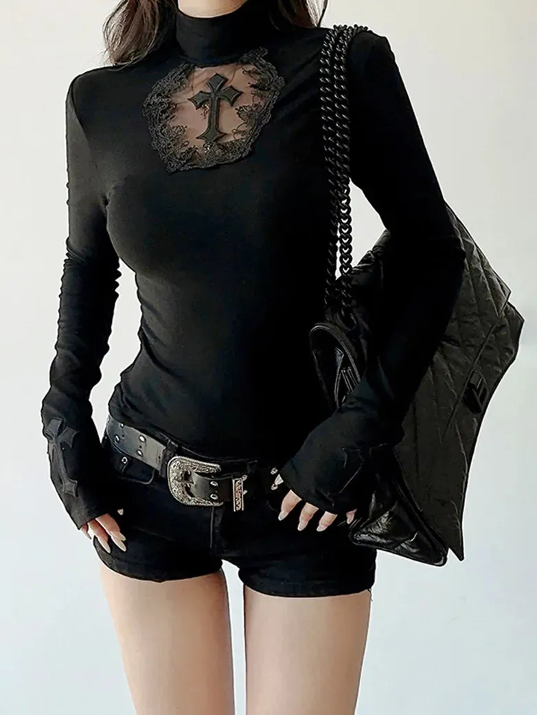 Women Dark Sexy Slim Fit Hollow Cross Long-sleeved Top