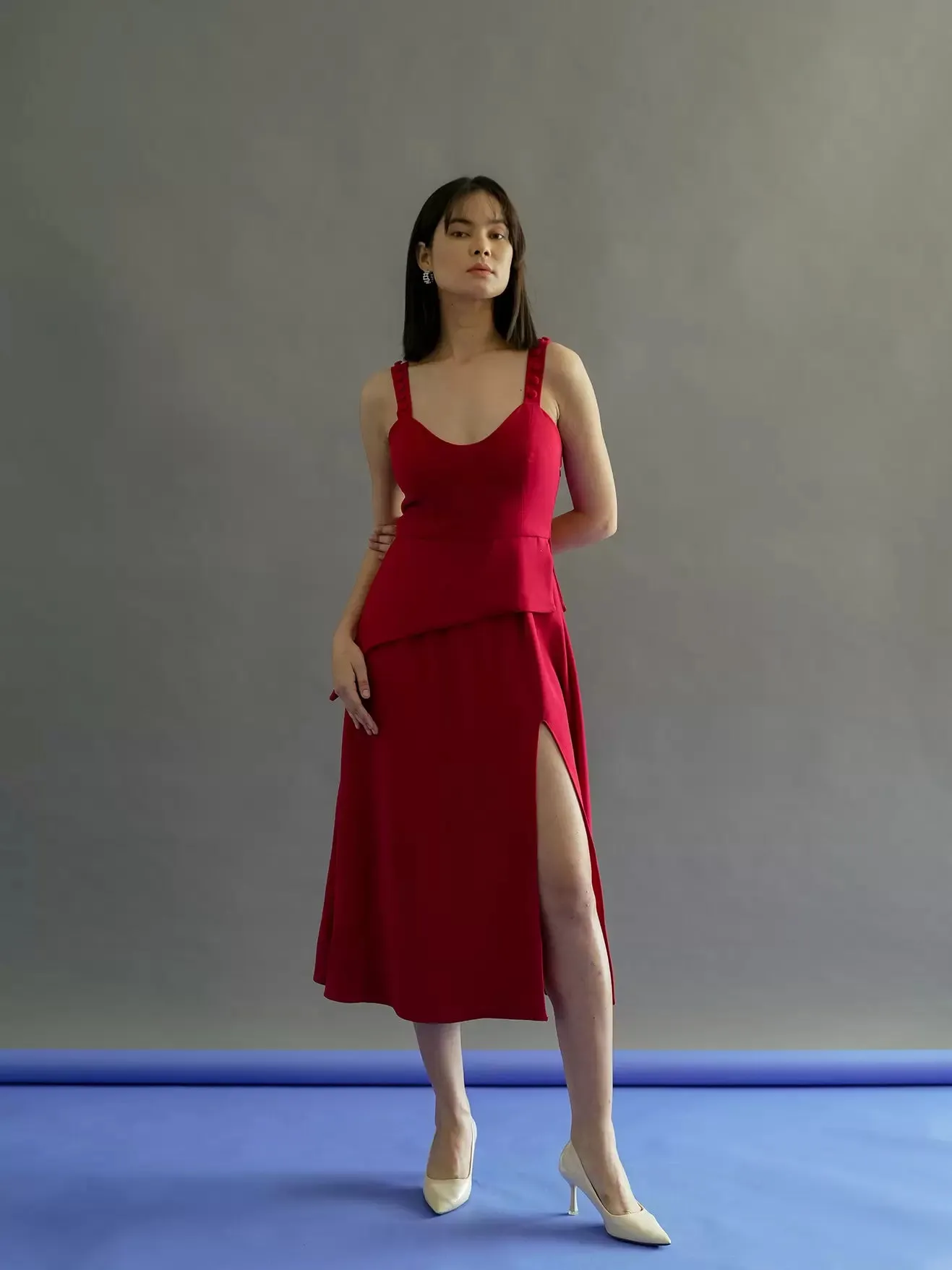 Women's Deep Neck Slit Red Midi Dress