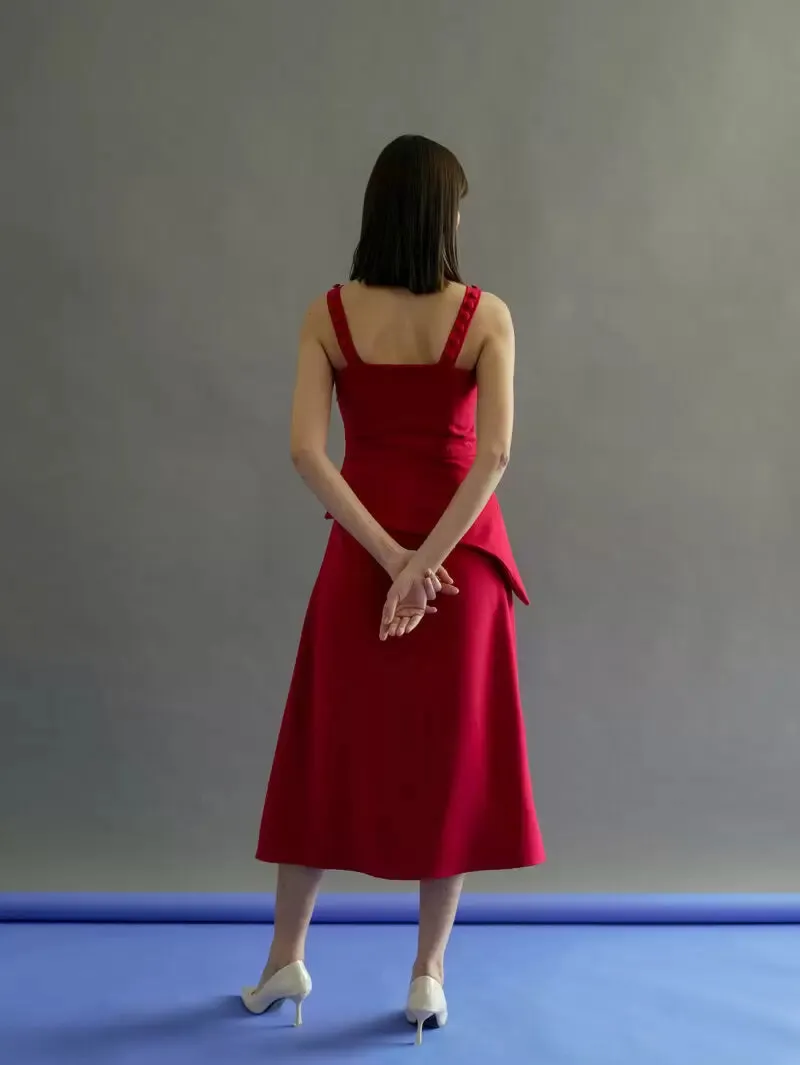 Women's Deep Neck Slit Red Midi Dress