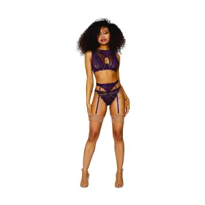 Women's Lace and Mesh 3 Piece Set - XL - Aubergine