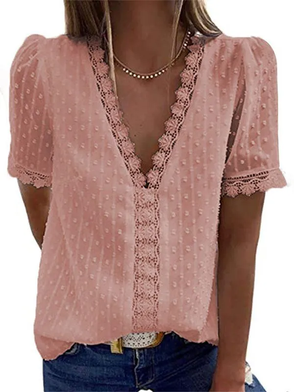 Women's Swiss Dot Lace Trim Deep V Neck T Shirt