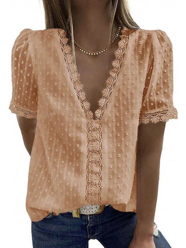 Women's Swiss Dot Lace Trim Deep V Neck T Shirt