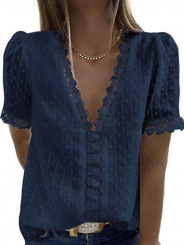 Women's Swiss Dot Lace Trim Deep V Neck T Shirt