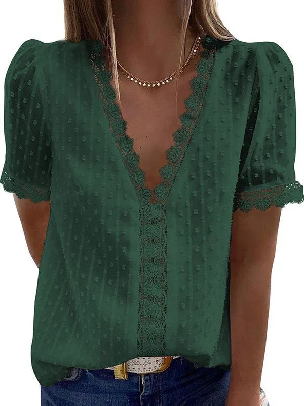 Women's Swiss Dot Lace Trim Deep V Neck T Shirt